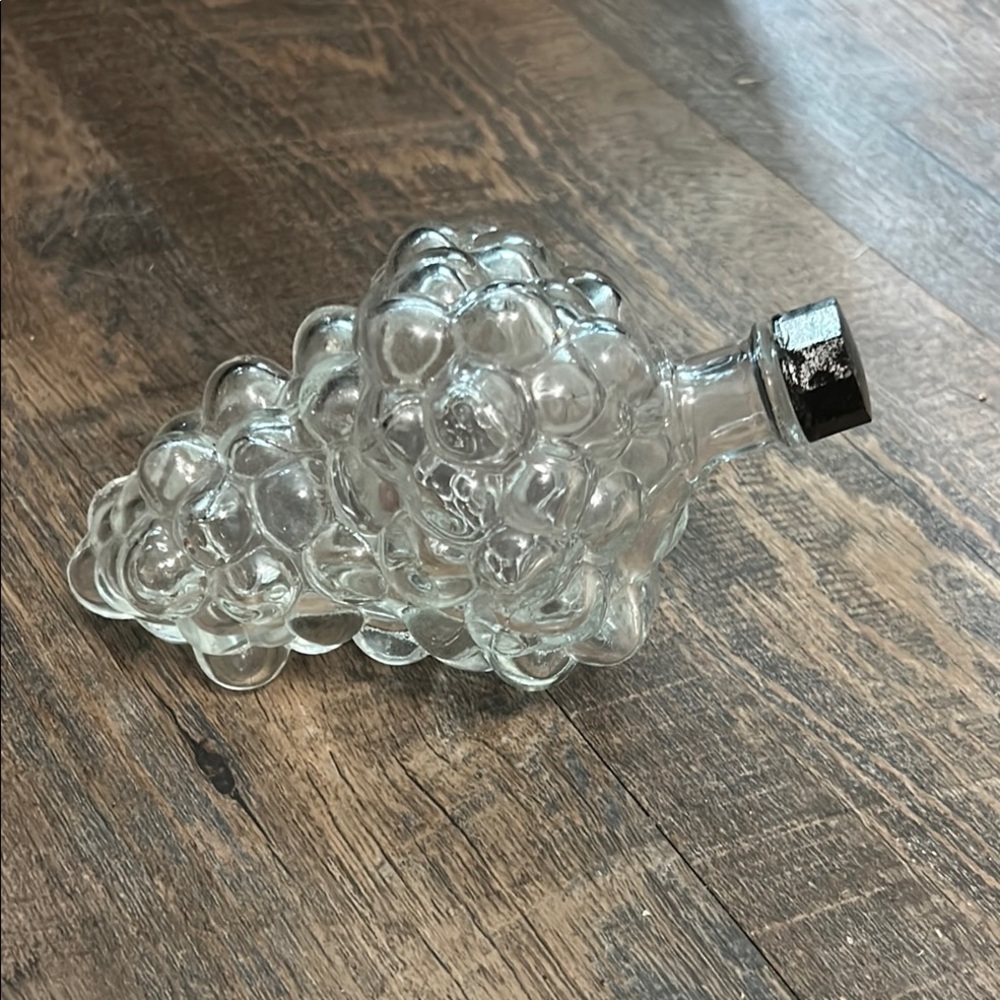 Vintage Clear Glass Bunch Grape Shaped Bottle Black Cap‎ Made In France Decanter